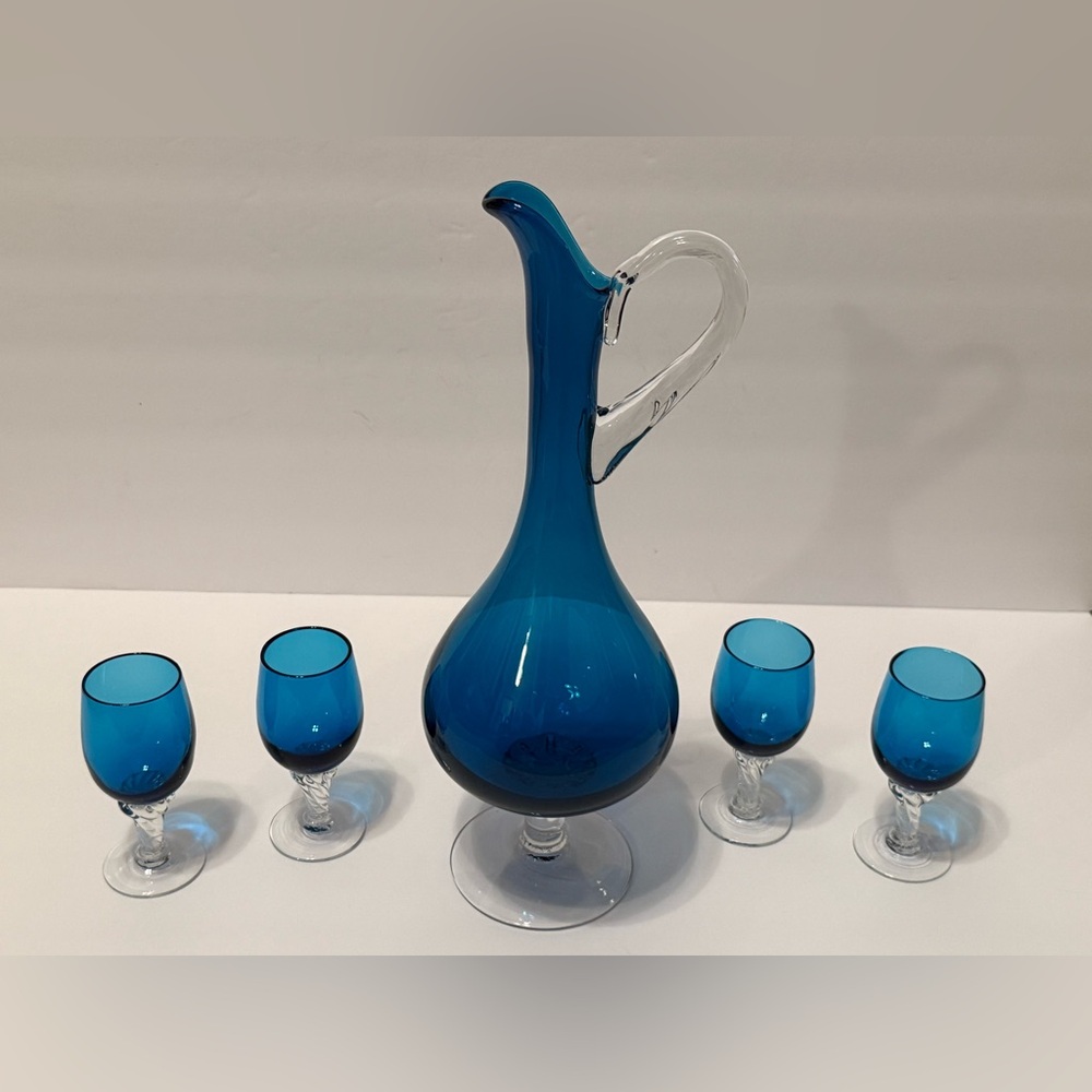 MCM Empoli Italian Glass Decanter Pitcher Set Teal Blue 4 Twisted Stem Glasses